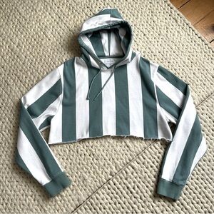 Urban Outfitters Striped Blue-Green and White Cropped Hoodie | large (ov…